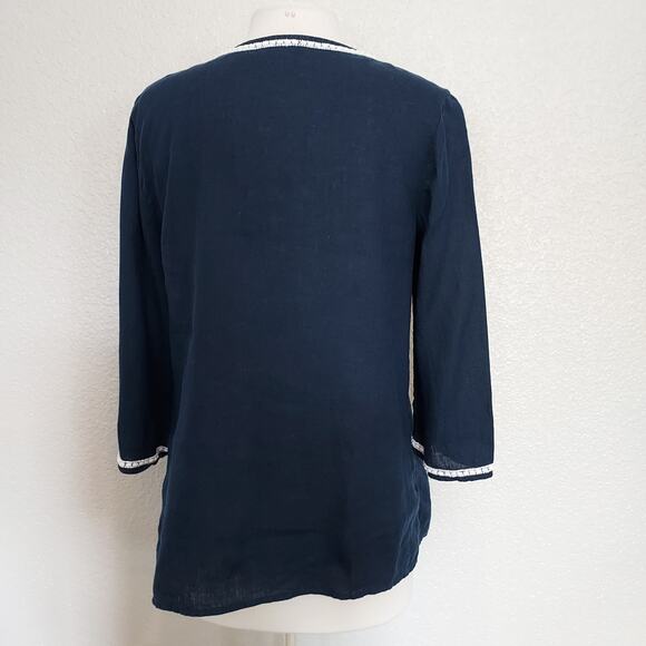 Charter Club Linen Luxury Blue Beaded Blouse Size LP - Picture 9 of 11